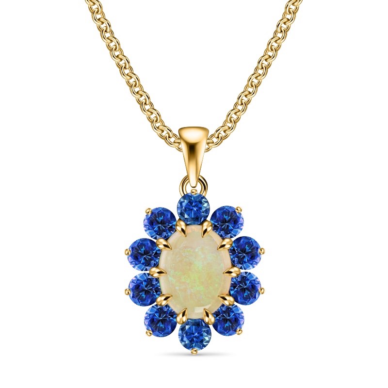 14K Yellow Gold Australian Opal & Blue Sapphire Pendant
